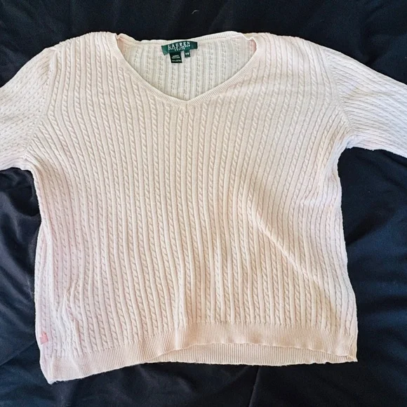 Ralph Lauren Blush Pink Cotton Ribbed V-Neck Sweater Petite Medium Feminine - Picture 9 of 13